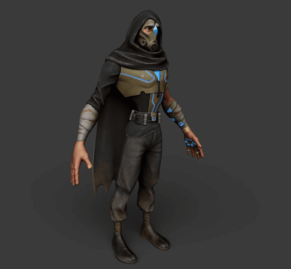 A 3D-modeled hooded game character wearing a gas mask and cyberpunk armor with glowing blue runes