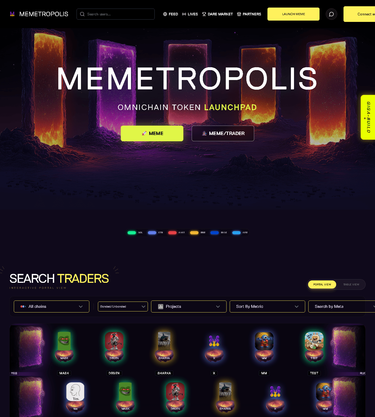 Memetropolis omnichain launchpad landing page with live trader cards and charts