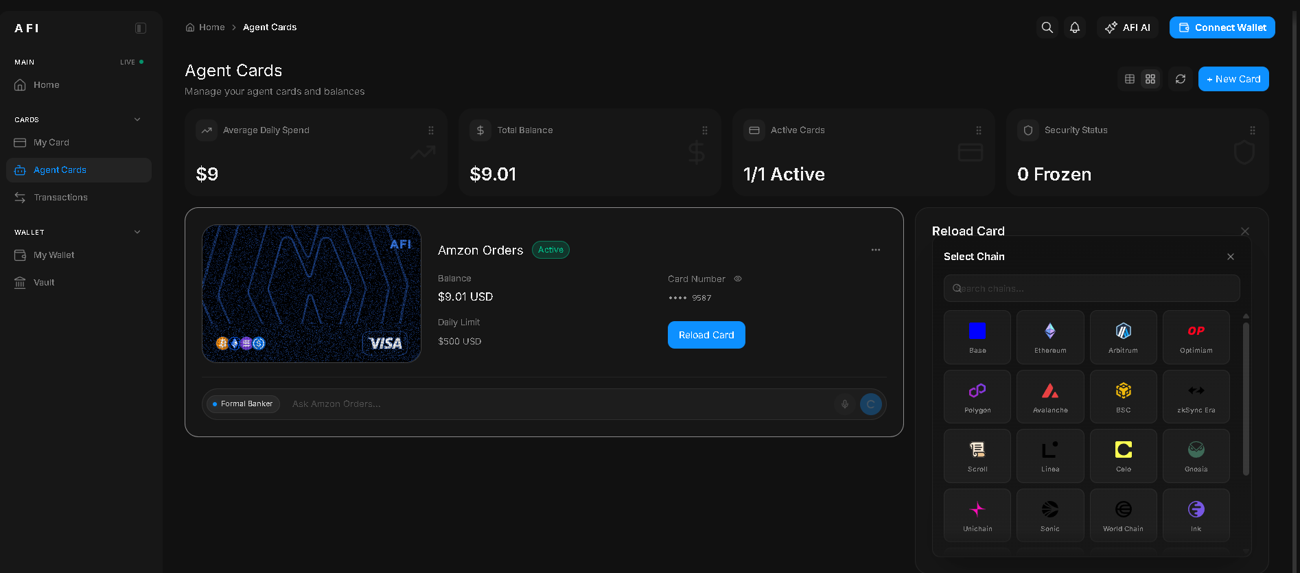 AFI Reload Card panel showing the 23-chain settlement picker including Base, Ethereum, Arbitrum, Optimism, Avalanche, and more