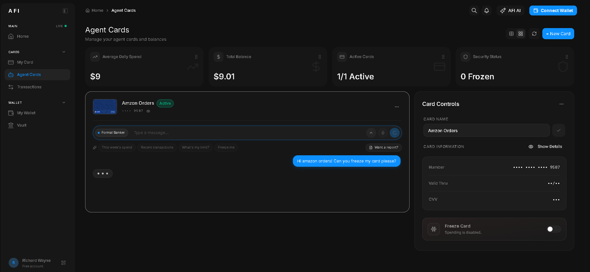 AFI Agent Cards dashboard with the physics Visa card, live chat window showing a freeze-my-card command, balance stats, and Card Controls panel