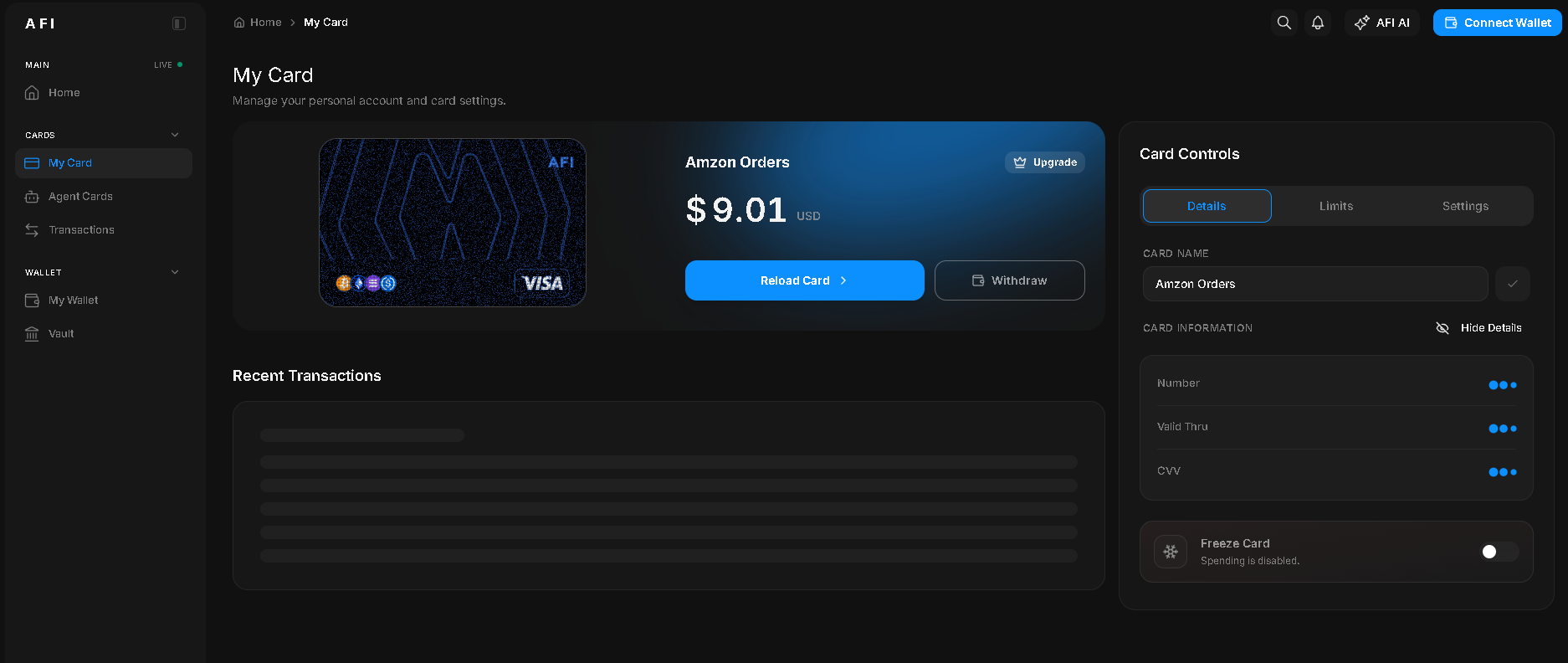 AFI My Card screen showing the dark Visa pay card with balance revealed and Card Controls side panel open