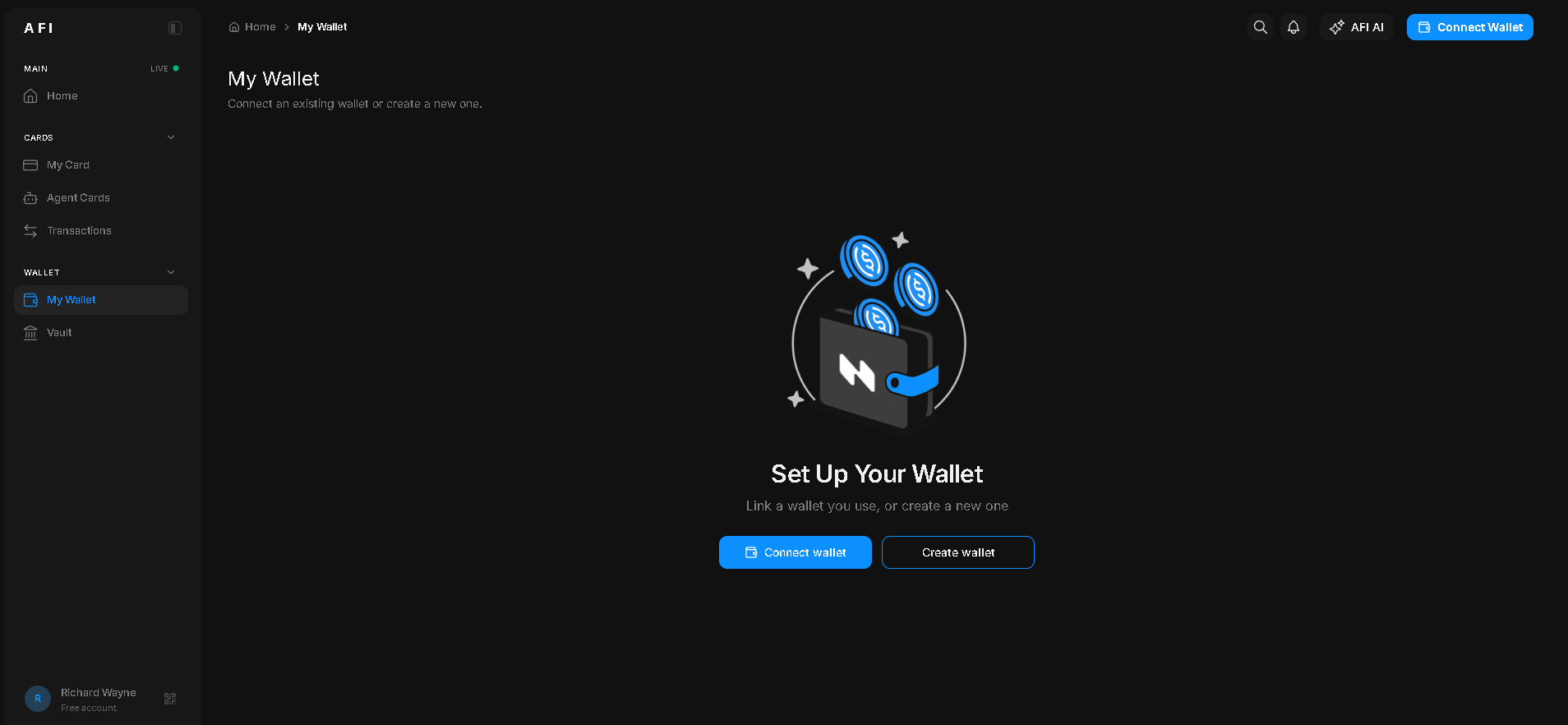 AFI My Wallet screen showing the wallet setup state with Connect wallet and Create wallet options on a dark background