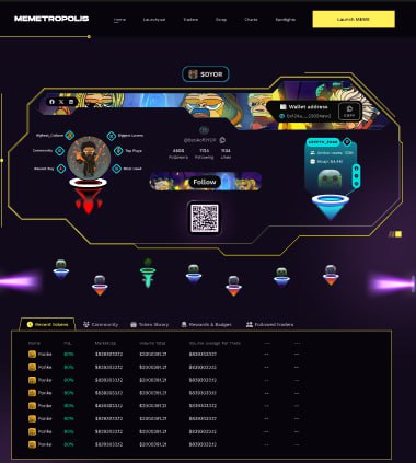 Memetropolis live launchpad dashboard with trader profile, portal funnels, and a recent-gainers table